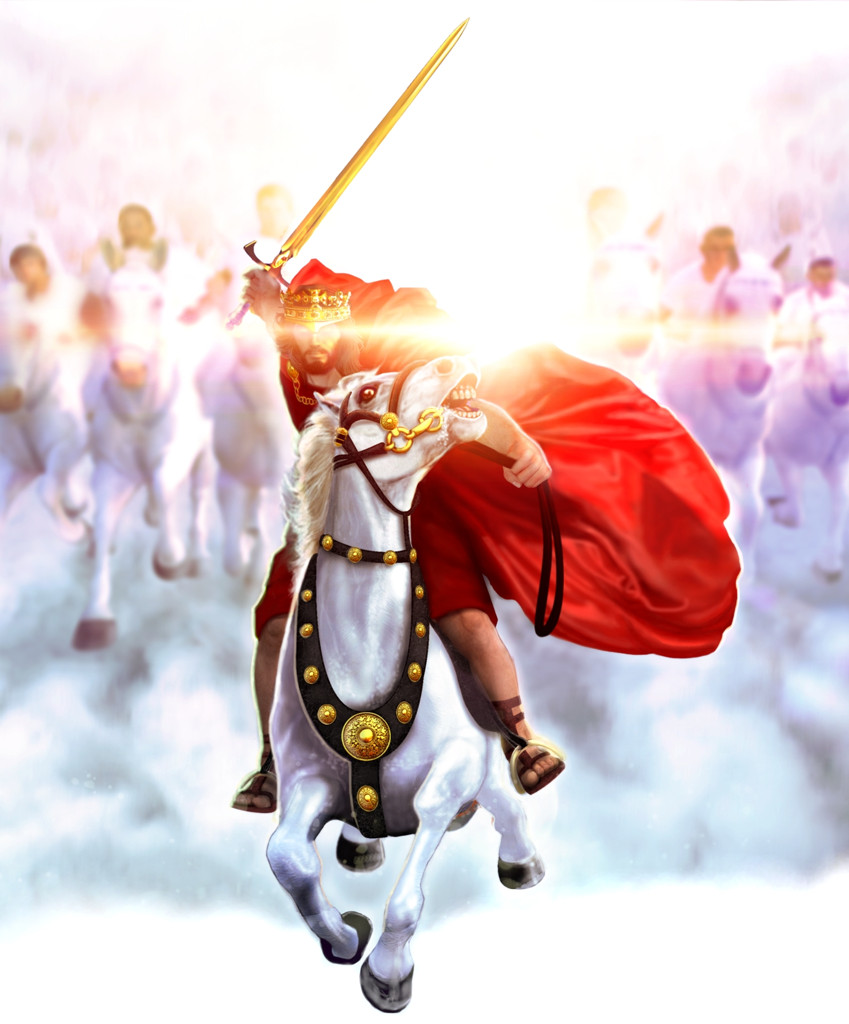 Warrior King riding a white horse accompanied by other warriors on horseback